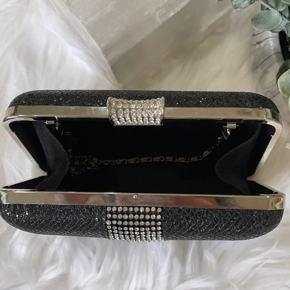 CRYSTAL ENCRUSTED EVENING BAG beaded EVENING BAG💥black w chain TIMELESS CLASSIC - Picture 6 of 10
